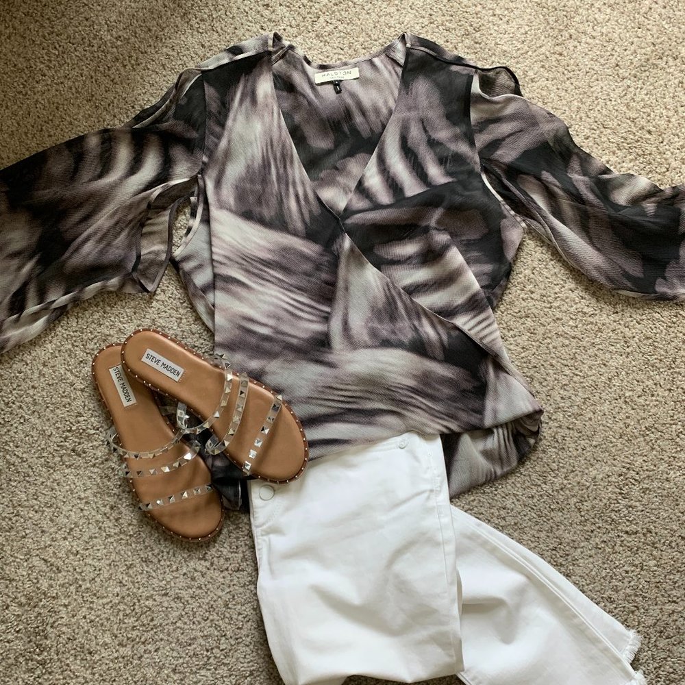 Halston Heritage Faux Wrap Blouse with Slit Sleeves